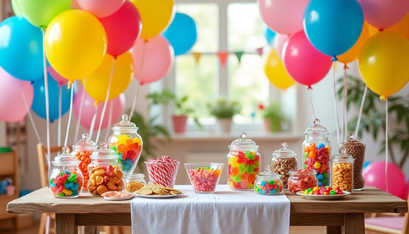 découvrez notre bar à bonbons coloré, l'incontournable pour des fêtes d'anniversaire enfants réussies et pleines de gourmandise et de joie.