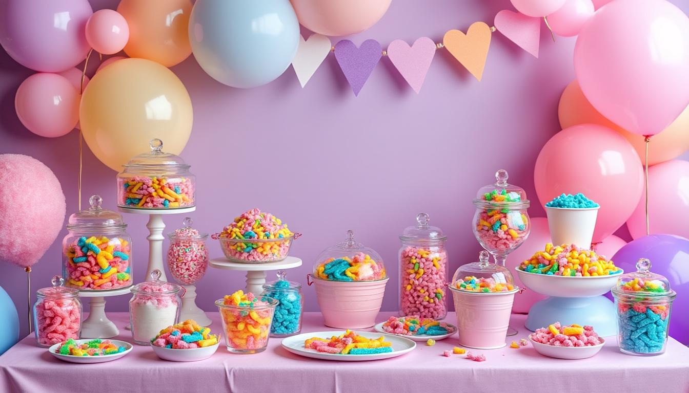 découvrez notre bar à bonbons coloré, l'élément incontournable pour réussir les fêtes d'anniversaire des enfants avec gourmandise et fun.