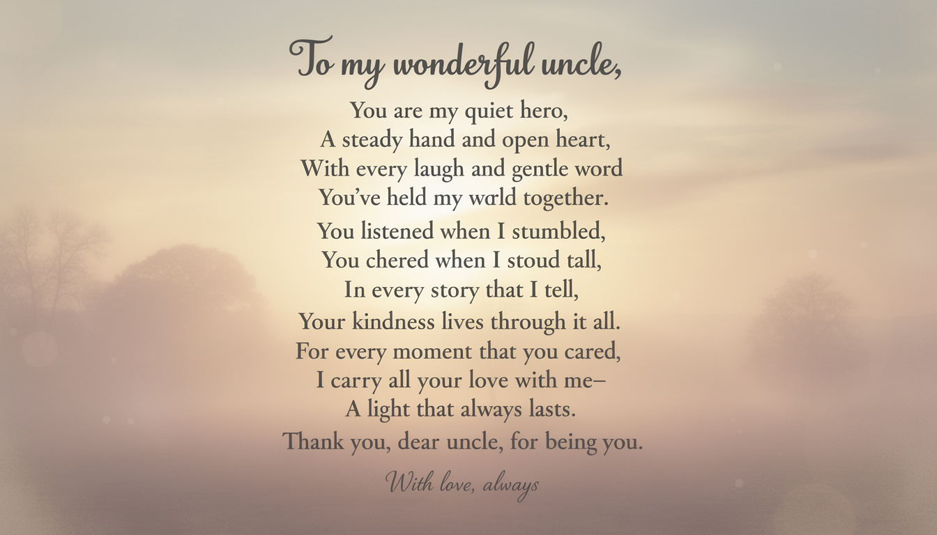 découvrez comment rédiger un poème émouvant pour un tonton formidable, avec des conseils simples pour exprimer tout votre amour et votre gratitude.