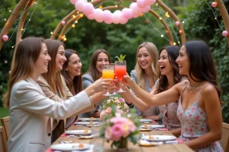 Groupe de jeunes adultes fêtant un anniversaire 18 ans en extérieur avec des décorations festives et des verres levés pour un toast
