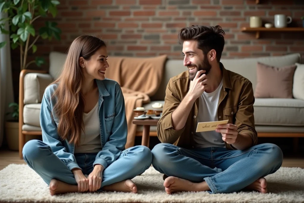 Couple jouant au jeu de mimes assis sur un tapis de salon, fou rire et pose théâtrale dans une ambiance cosy