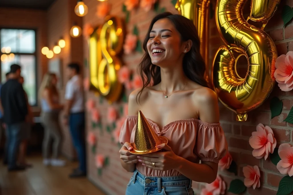 Jeune femme de 18 ans devant un mur de décorations thématiques avec ballons dorés et signe néon pour un anniversaire
