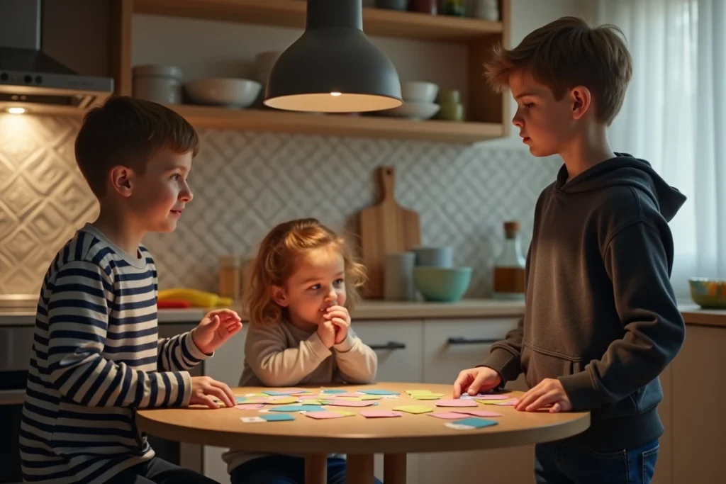 Trois frères et sœurs jouant au jeu de mimes dans une cuisine, expressions concentrées et amusées autour d'une table