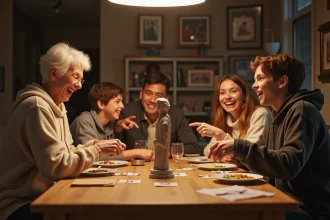 Famille multigénérationnelle jouant au jeu de mimes autour d'une table en bois un dimanche soir, avec rires et expressions amusées
