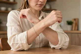 Jeune maman examinant la taille d'un bracelet doré à son poignet dans un intérieur chaleureux