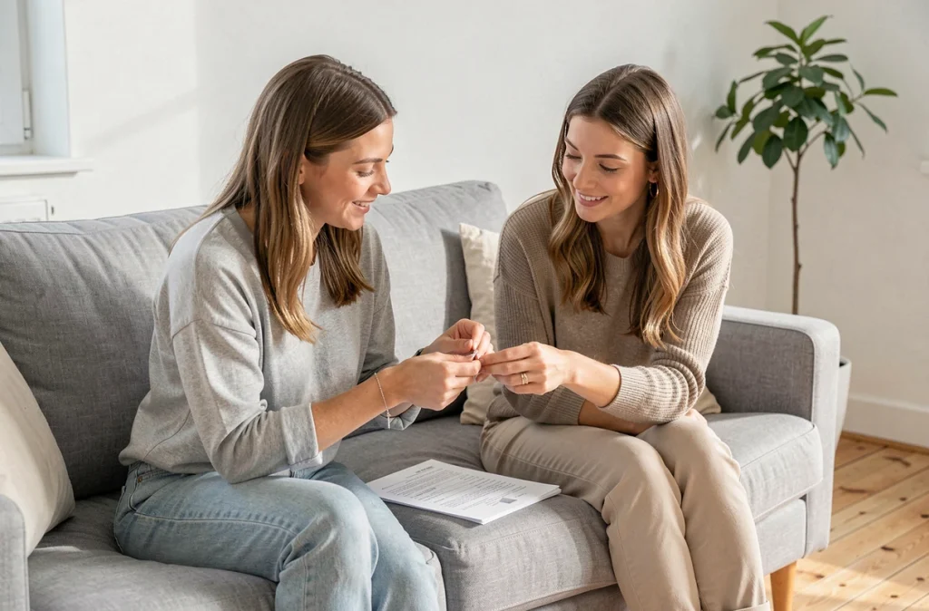 Deux femmes comparant un guide des tailles pour choisir un bracelet de naissance pour maman
