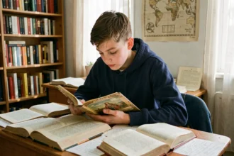 Collégien lisant une fiche de lecture du Petit Poucet à son bureau entouré de livres classiques