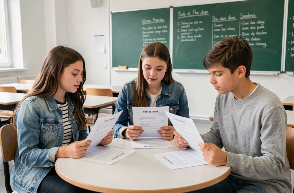 Groupe de collégiens discutant d'une fiche de lecture sur le Petit Poucet en classe