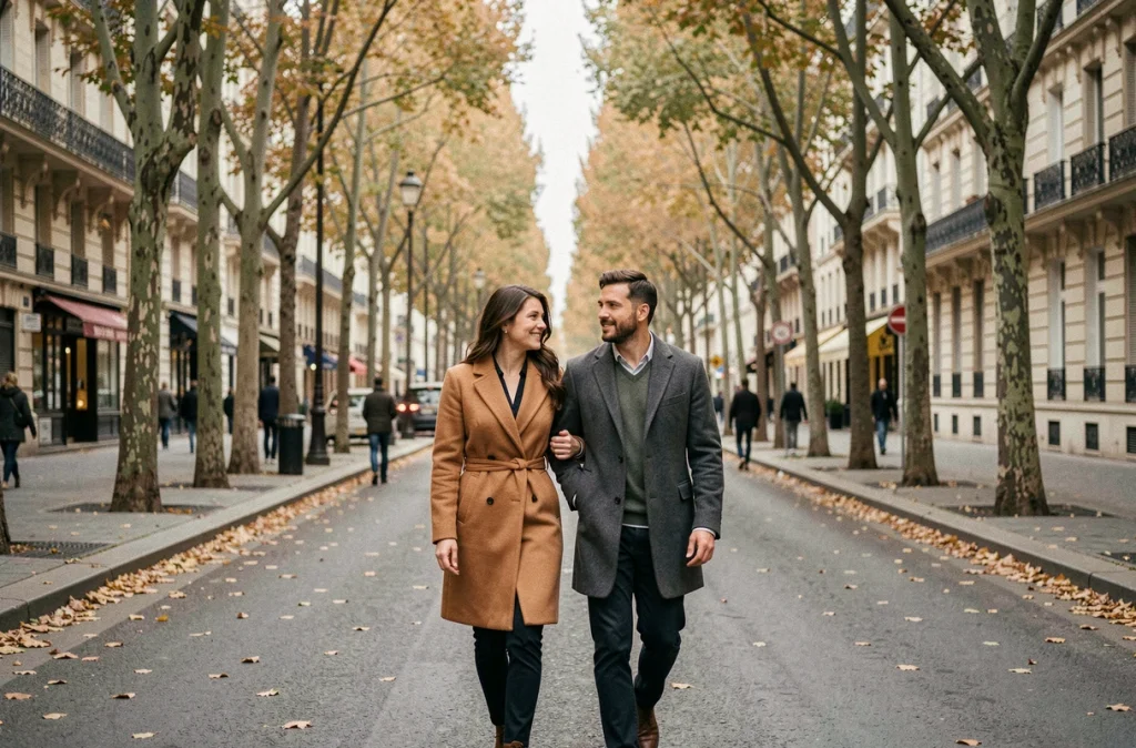 Couple marchant sur un boulevard parisien en automne, illustrant la discrétion de la vie privée face aux rumeurs médiatiques