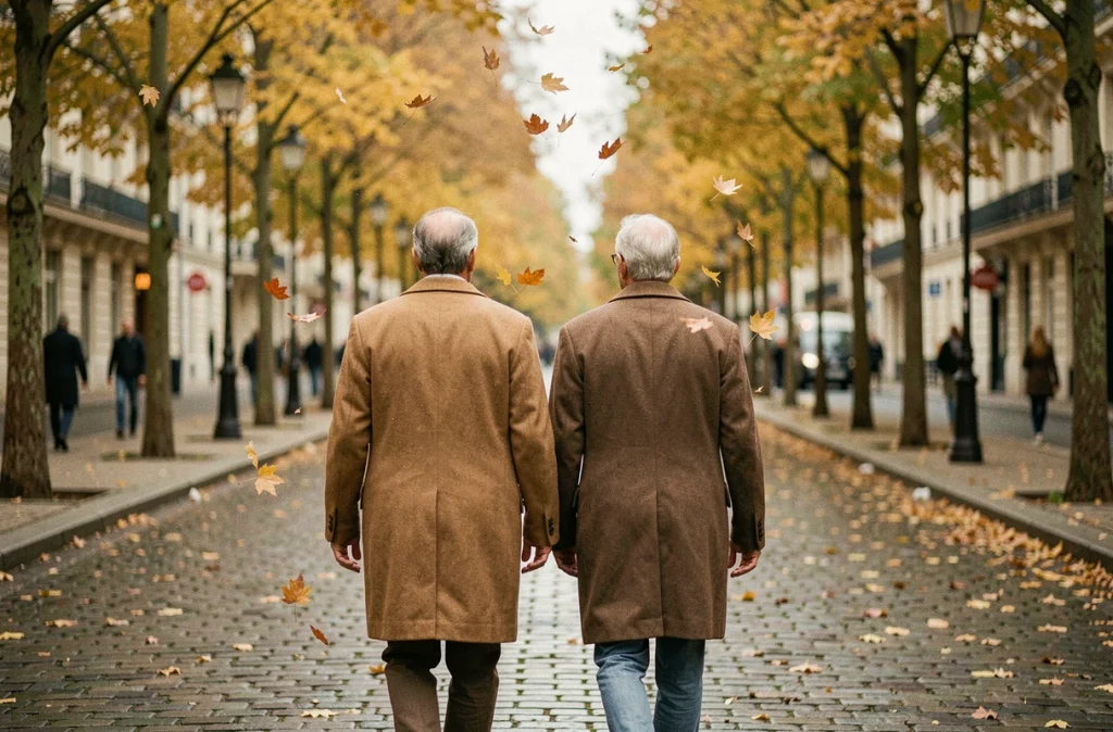Couple discret marchant de dos sur une avenue parisienne en automne, illustrant la préservation de la vie privée et l'intimité conjugale