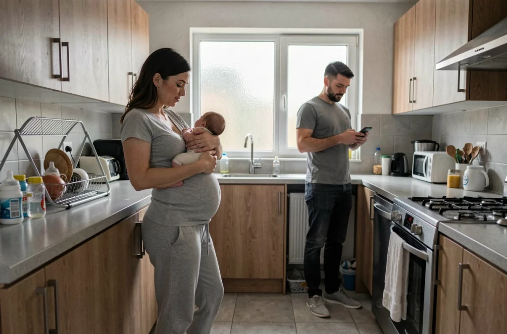 Couple avec nouveau-né dans une cuisine moderne, distance émotionnelle subtile illustrant les tensions relationnelles après la grossesse