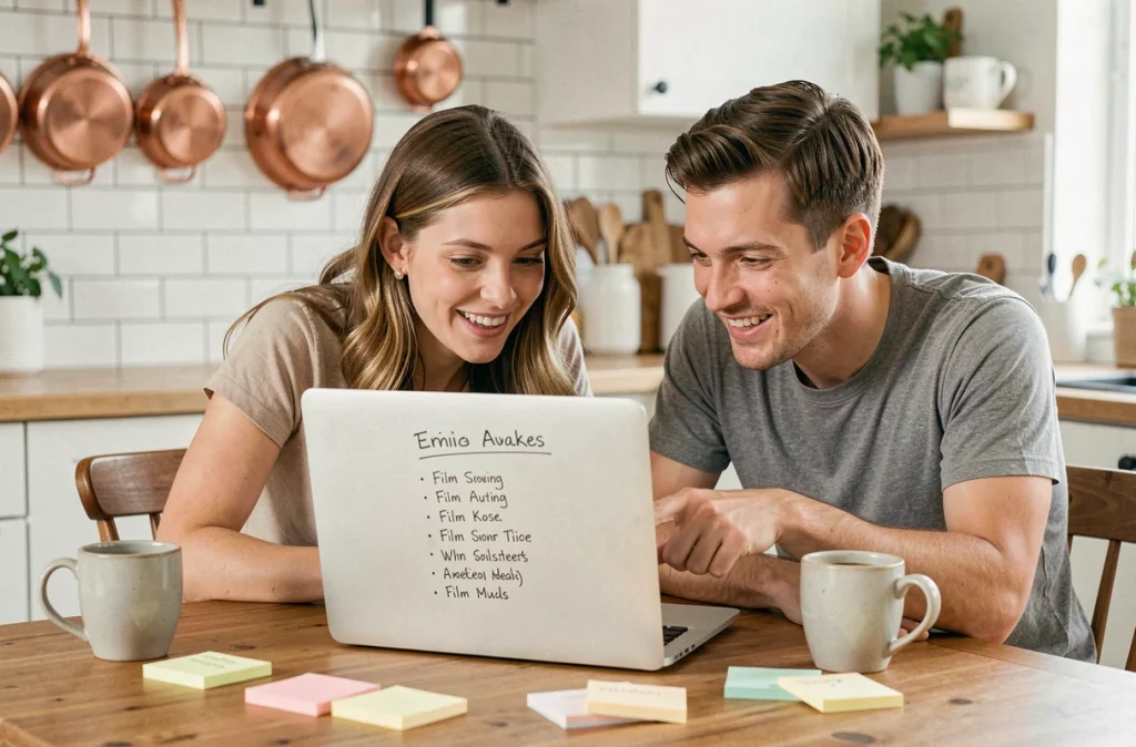 Couple de jeunes adultes planifiant ensemble l'ordre de visionnage idéal des films Disney avec des notes et un ordinateur portable sur une table de cuisine
