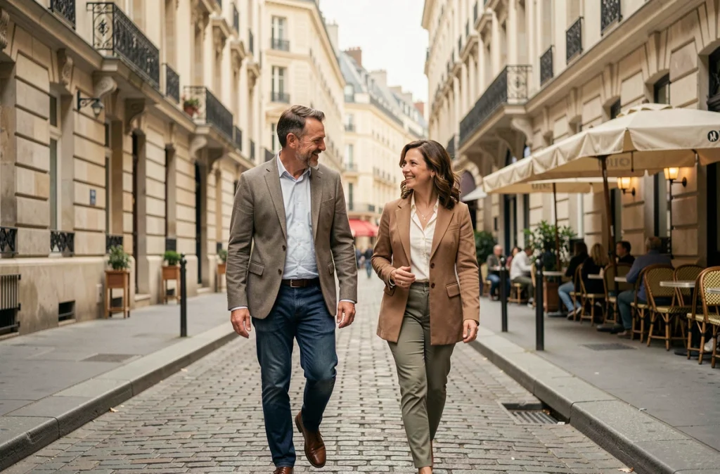 Couple marchant ensemble dans une rue parisienne, évoquant vie de famille et engagement personnel