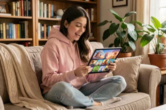 Jeune femme découvrant le catalogue Disney sur une tablette depuis son canapé, guide pour débutants sur l'ordre de visionnage des films Disney