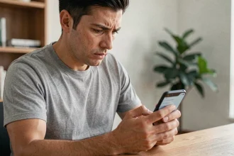 Homme inquiet analysant son smartphone Android à la recherche d'une application espion à désinstaller