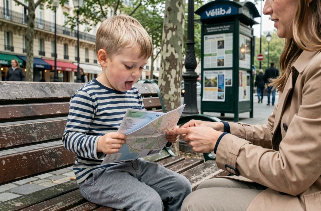 Petit garçon de 3 ans lisant une carte de Paris avec sa mère, trajet transformé en activité éducative pour enfant