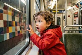 Enfant de 3 ans en imperméable rouge qui regarde par la fenêtre du métro parisien, activité de trajet à Paris