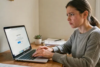 Femme frustrée devant un écran d'ordinateur portable affichant une erreur de connexion à son compte en ligne