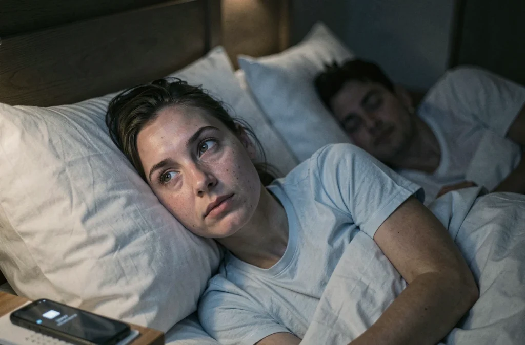 Femme éveillée la nuit dans son lit, regard perdu dans le vide, illustrant les rêves et angoisses nocturnes post-grossesse