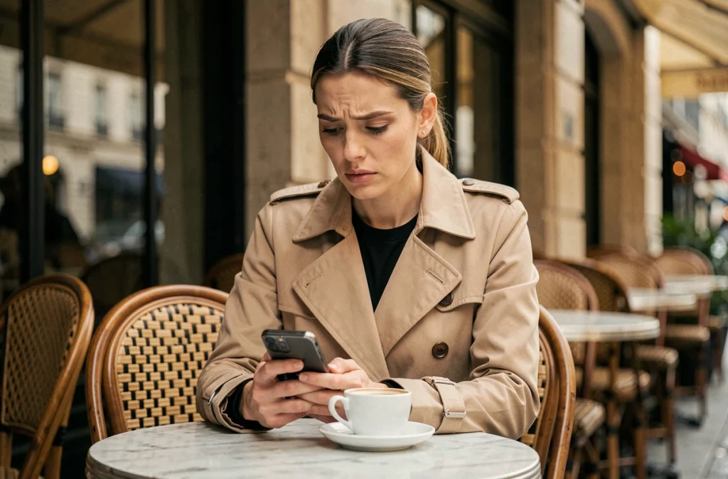 Femme pensive consultant son téléphone en terrasse de café parisien, symbole de la gestion médiatique de la vie privée