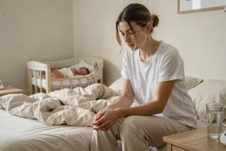 Jeune femme pensive assise sur un lit après l'accouchement, bébé endormi en arrière-plan, illustrant le questionnement identitaire post-partum