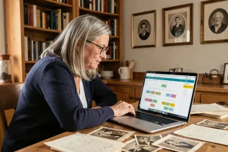 Femme d'âge mûr recherchant ses ancêtres sur le site de généalogie Roglo depuis son domicile, entourée de vieilles photos de famille