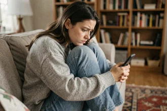 Femme seule sur un canapé regardant son téléphone avec inquiétude après une dispute amoureuse