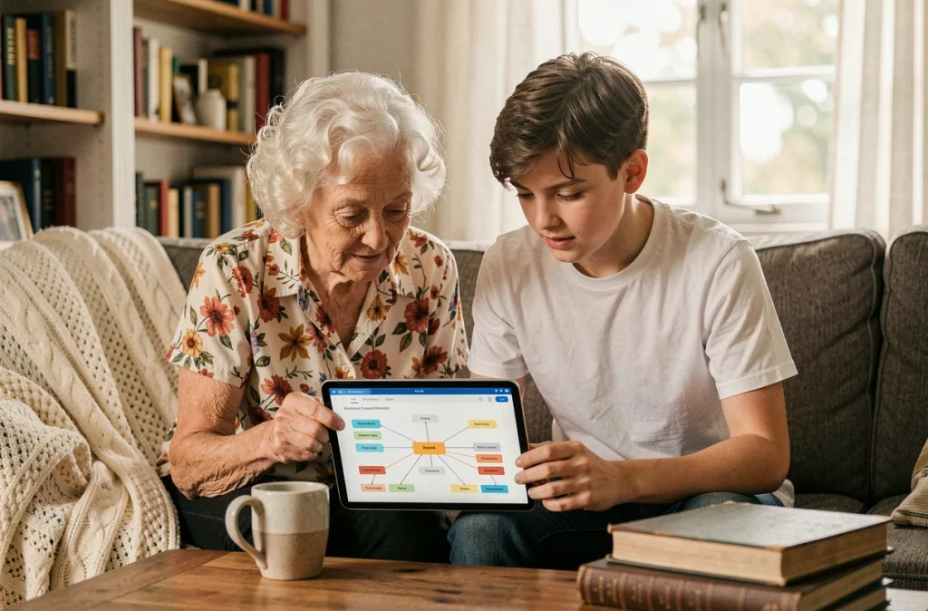 Grand-mère et petit-fils explorant ensemble un arbre généalogique sur une tablette via le site Roglo, réunis autour de la mémoire familiale