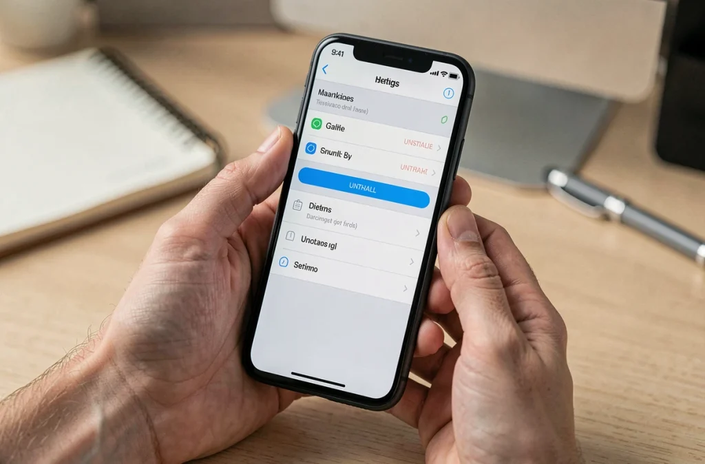 Gros plan sur des mains tenant un smartphone affichant l'option de désinstallation d'une application espion