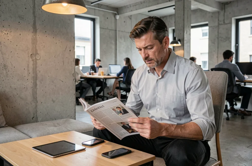 Homme d'affaires lisant un magazine professionnel dans un espace de coworking avec tablette et smartphone