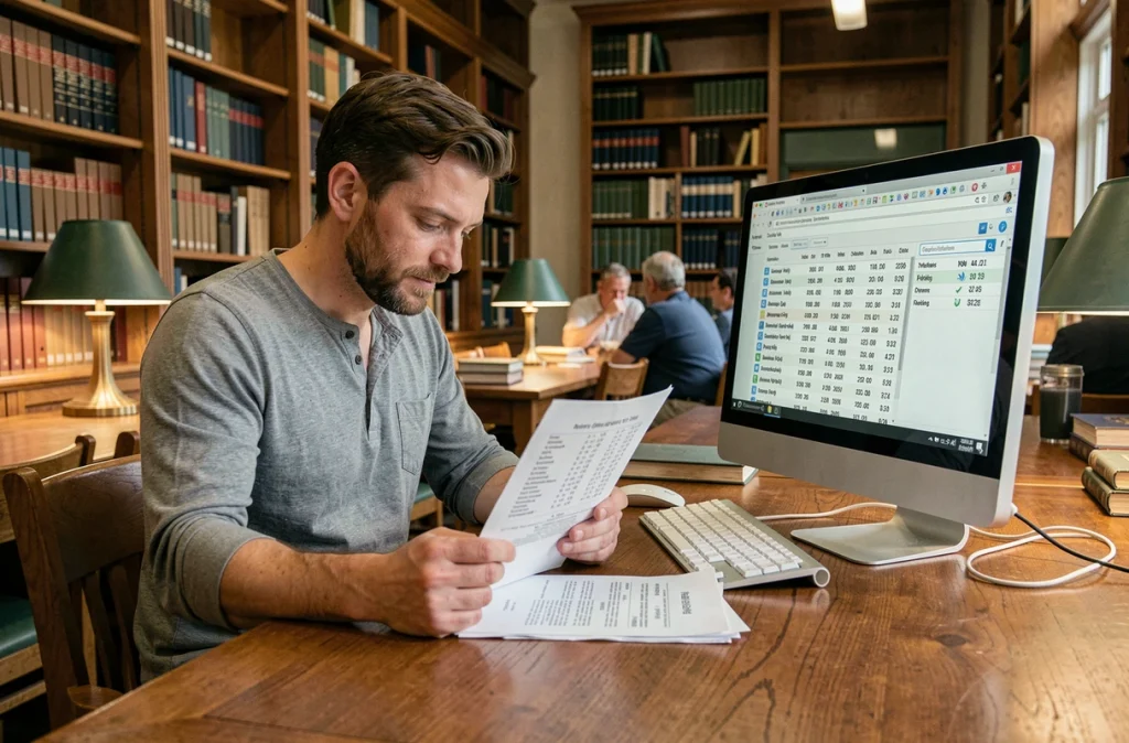 Homme consultant des archives généalogiques en ligne dans une bibliothèque publique pour retracer son arbre familial sur Roglo