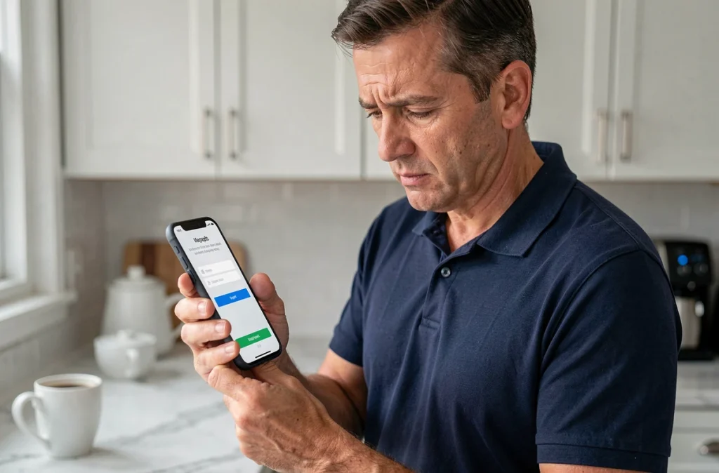 Homme consultant son smartphone avec un message d'erreur sur une page de connexion à un espace personnel