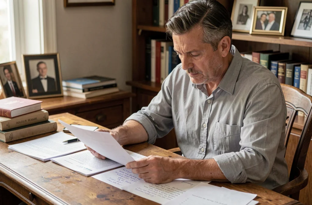 Homme travaillant à son bureau entouré de documents et livres, symbolisant engagement intellectuel et professionnel