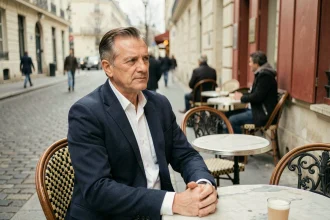 Homme élégant attablé seul en terrasse de café parisien, illustrant la discrétion et la vie privée d'une personnalité publique