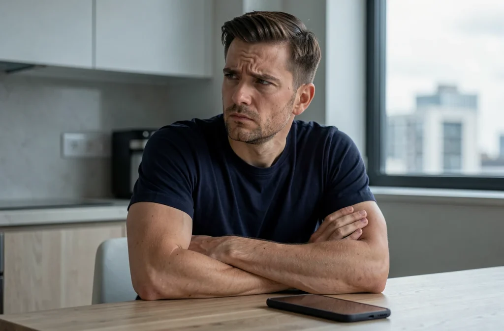 Homme bras croisés ignorant son téléphone après une dispute de couple dans une cuisine moderne