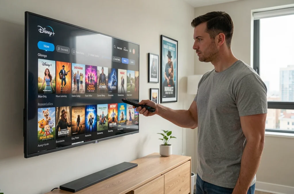 Homme parcourant l'interface Disney Plus sur un grand écran TV pour choisir par où commencer les films Disney en tant que débutant