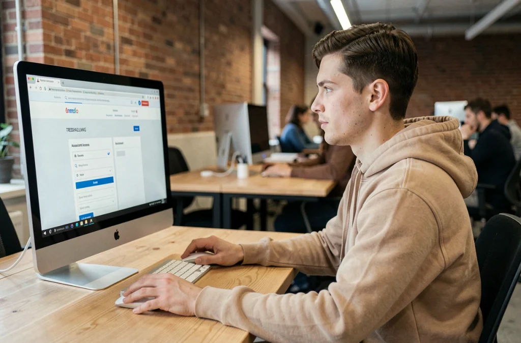 Jeune adulte dans un espace de coworking cherchant une solution à un problème de connexion à son compte en ligne