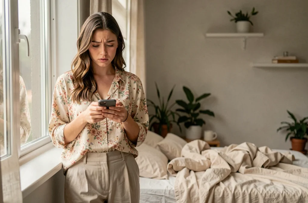 Jeune femme hésitante tenant son téléphone près d'une fenêtre en se demandant si envoyer un message après une dispute