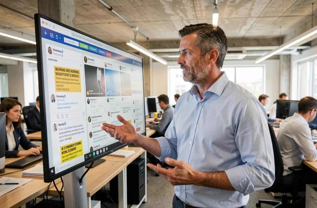 Journaliste dans une salle de rédaction pointant un écran affichant des alertes de désinformation sur les réseaux sociaux