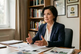 Journaliste expérimentée assise à un bureau éditorial lors d'une interview professionnelle, entourée de journaux et de documents de presse