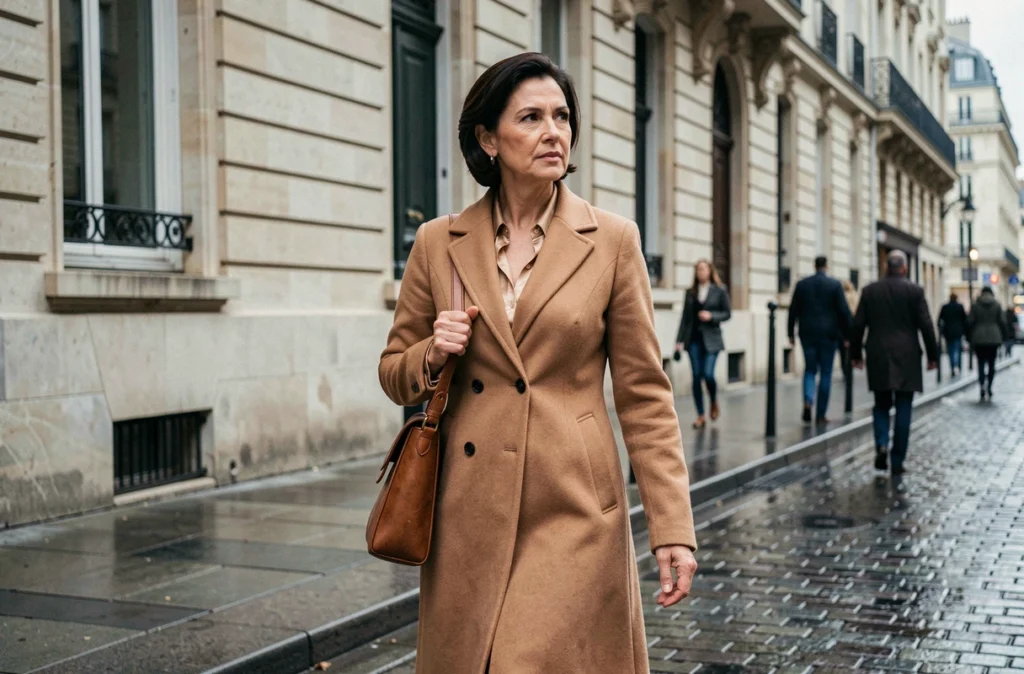 Journaliste marchant dans une rue parisienne près d'un bâtiment institutionnel, air déterminé, avec un sac en cuir en bandoulière