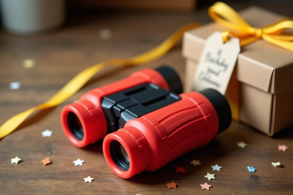 Jumelles enfant rouges posées à côté d'un cadeau d'anniversaire emballé sur une table en bois, idée cadeau pour enfant