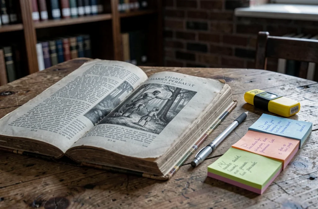 Livre de contes de Perrault ouvert sur le Petit Poucet avec annotations et marque-pages colorés sur une table de bibliothèque