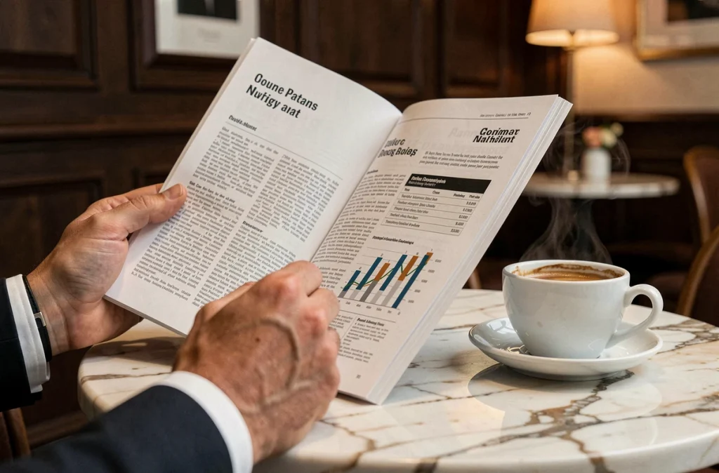 Mains tenant un magazine business avec une tasse d'espresso sur une table en marbre dans un café chic