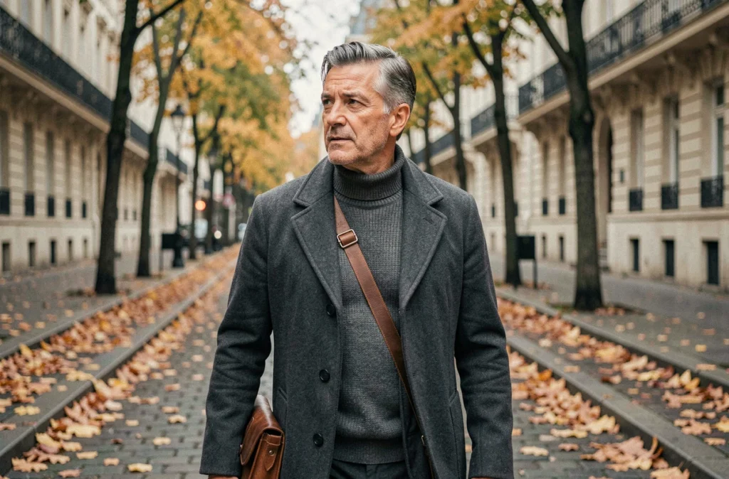 Personnalité médiatique marchant seule dans une avenue parisienne en automne reflétant un équilibre entre vie publique et personnelle