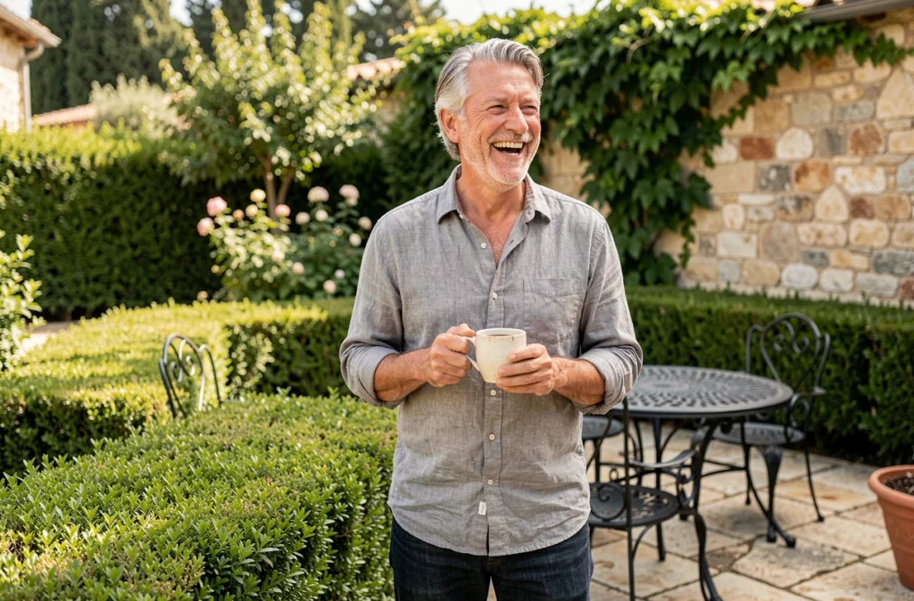 Animateur télévision détendu dans son jardin familial lors d'un moment de vie privée au calme