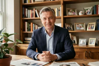 Marc Toesca dans son bureau personnel entouré de photos de famille et de souvenirs de carrière médiatique