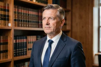Portrait professionnel d'un homme en costume marine dans un bureau avec bibliothèque, illustrant carrière et convictions