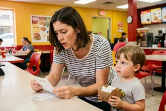 Mère et enfant au comptoir d'un fast-food examinant le reçu d'un Happy Meal avec surprise