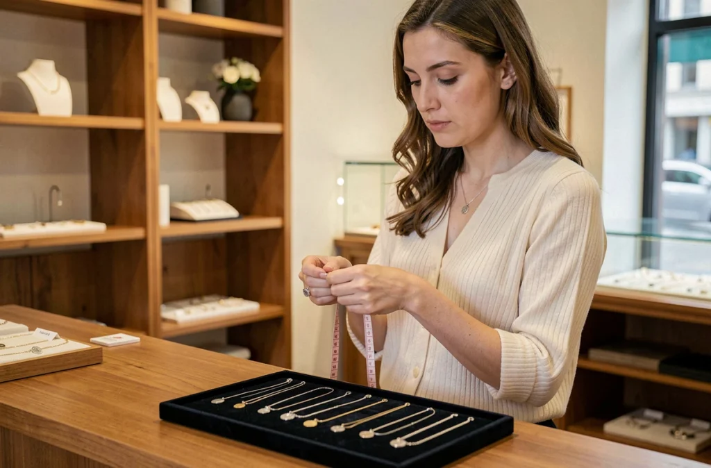 Femme mesurant son poignet avec un mètre ruban pour choisir la taille d'un bracelet de naissance dans une bijouterie
